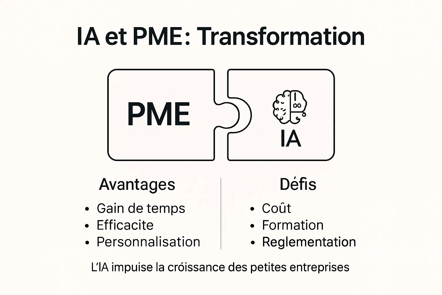 Découvrez en un coup d'œil les opportunités et les enjeux de l'intelligence artificielle pour les petites et moyennes entreprises grâce à cette infographie.