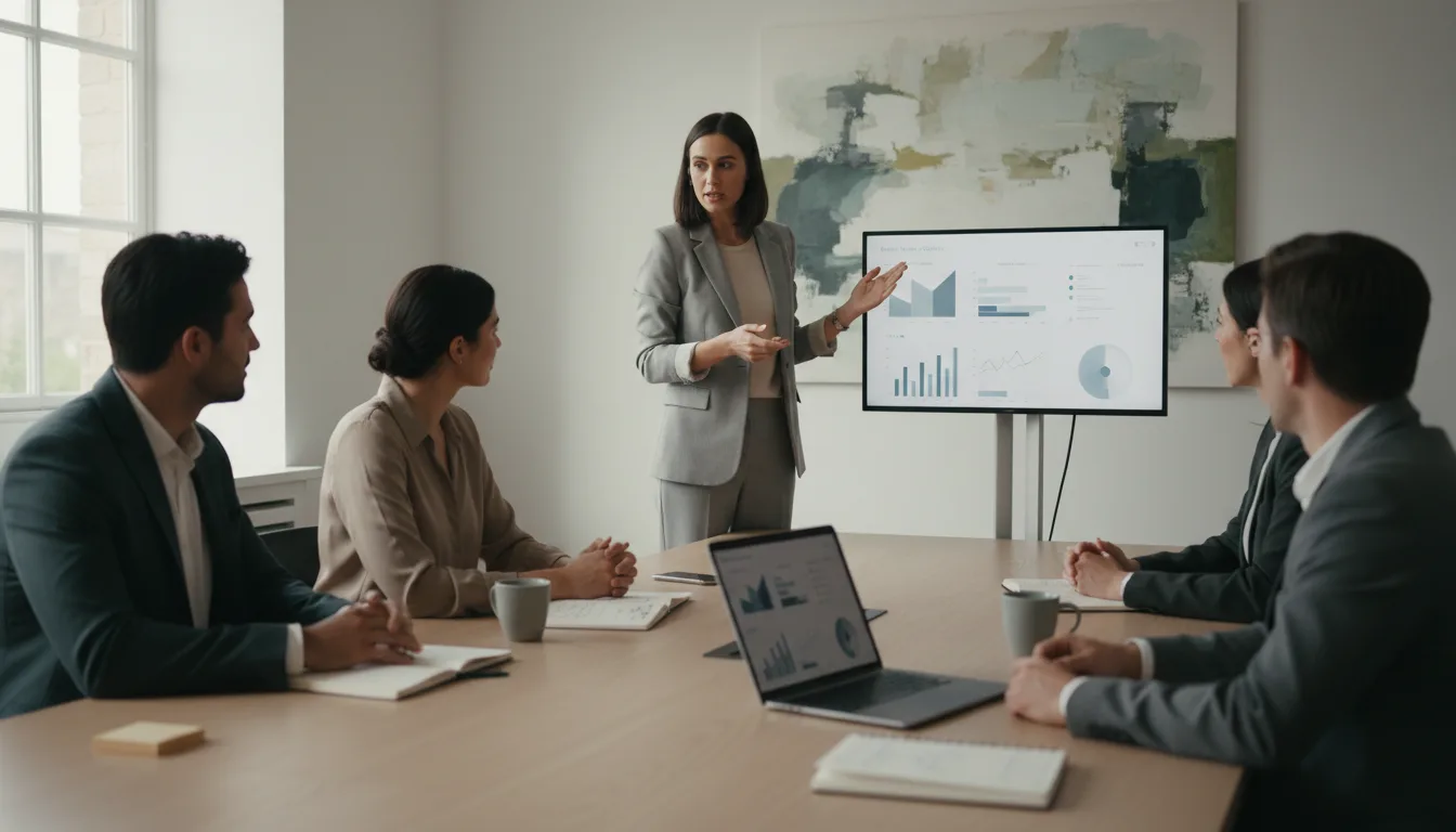 Un consultant anime un atelier d'audit avec une équipe de PME autour d'une table de travail.