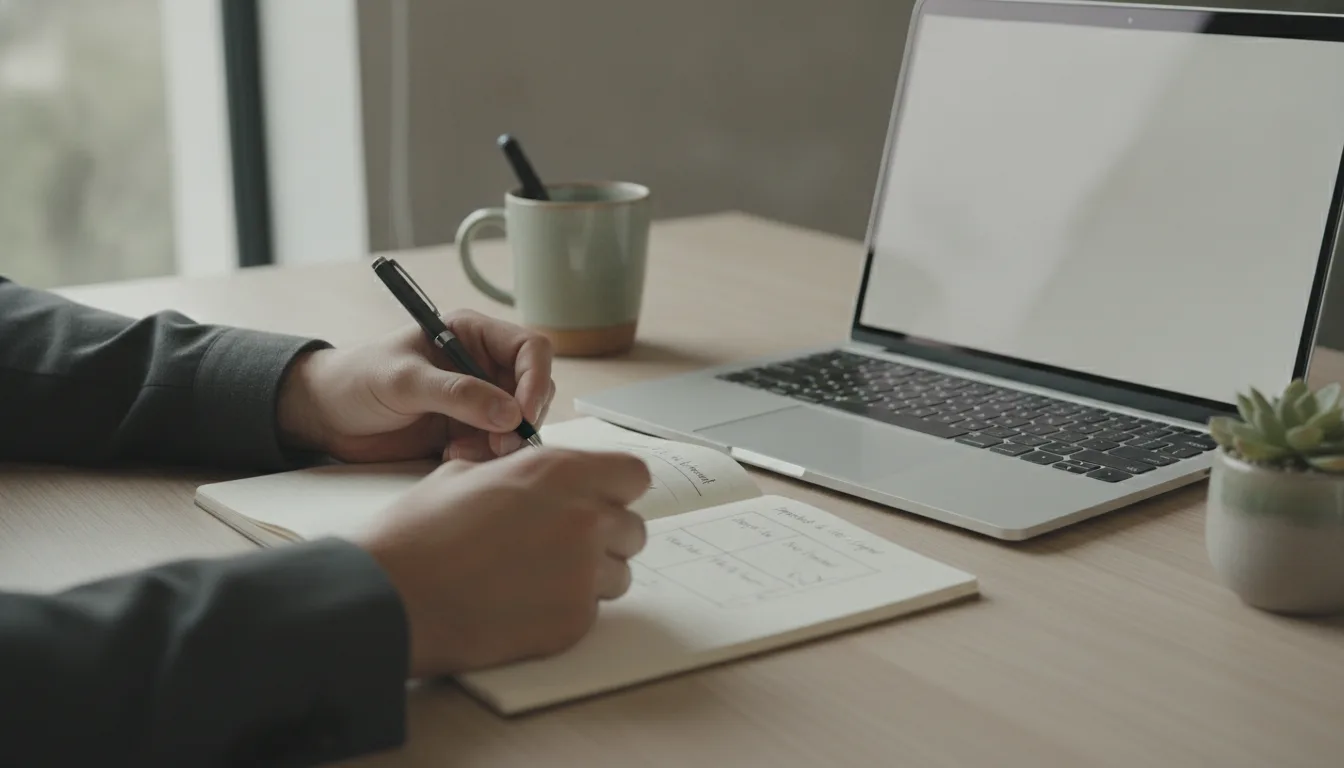 Des mains esquissent une matrice de priorisation dans un carnet, à côté d'un ordinateur portable ouvert.