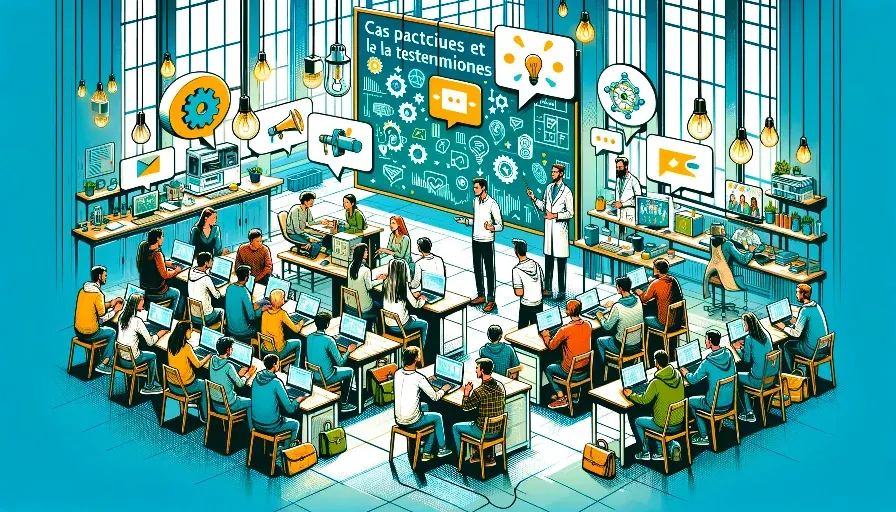 Une salle de classe en formation marketing digital, avec des participants utilisant des ordinateurs portables et des formateurs présentant sur un grand écran