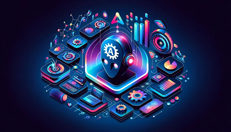 Illustration mettant en avant des icônes et éléments graphiques de l'intelligence artificielle en marketing digital.