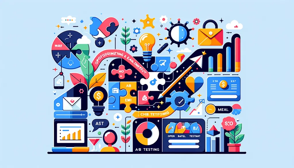 Illustration colorée représentant divers éléments du marketing digital et des emails, y compris les graphiques, les enveloppes d'email, et les icônes d'engagement utilisateur.