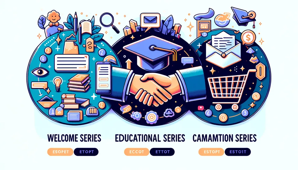Illustration divisée en trois sections représentant les séries de bienvenue, éducatives et d'action dans l'email marketing.