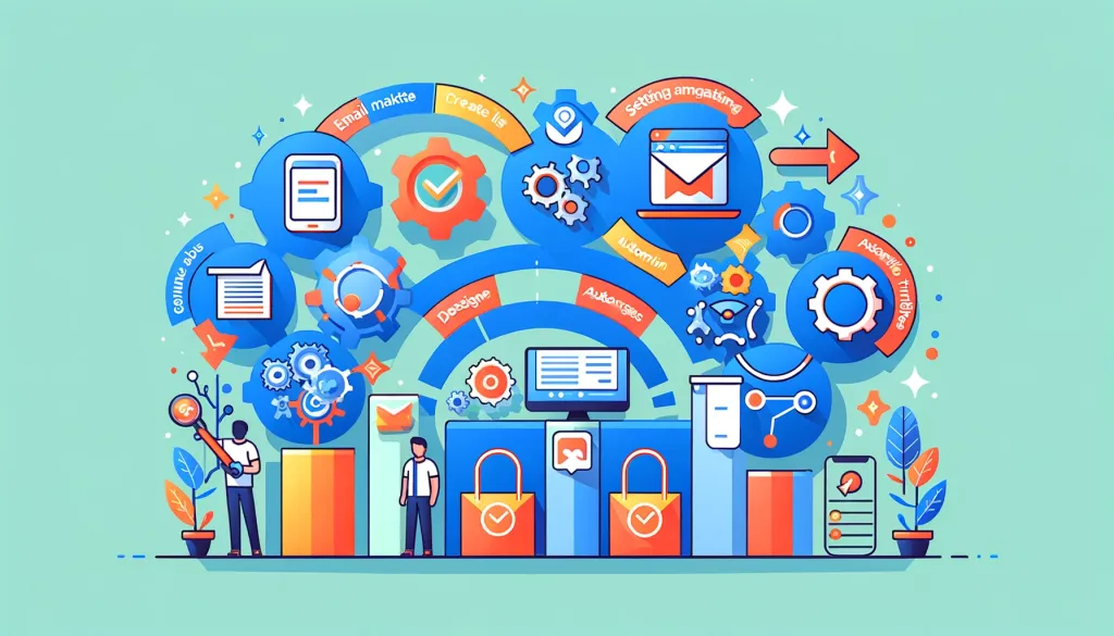 Illustration colorée montrant le processus d'automatisation avec des icônes représentant diverses étapes comme la création, le ciblage et l'envoi d'emails.