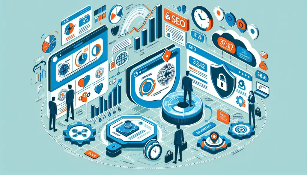 Illustration montrant l'intersection entre SSL et SEO à travers des graphiques, icônes de sécurité et indicateurs de performance