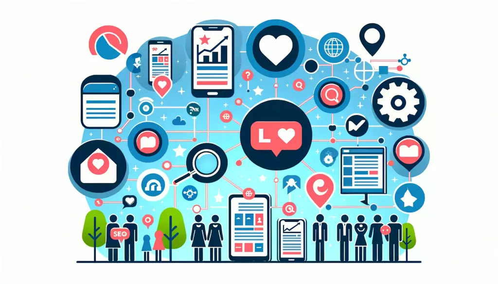 Une illustration complexe montrant des engrenages, des graphiques, et des appareils mobiles, symbolisant les différents aspects de l'autorité de domaine.