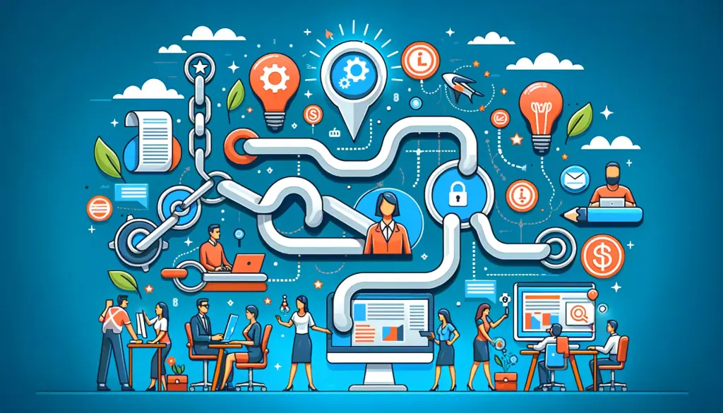 Une illustration colorée montrant divers éléments liés à l'amélioration de la qualité du contenu, les backlinks et les signaux sociaux.