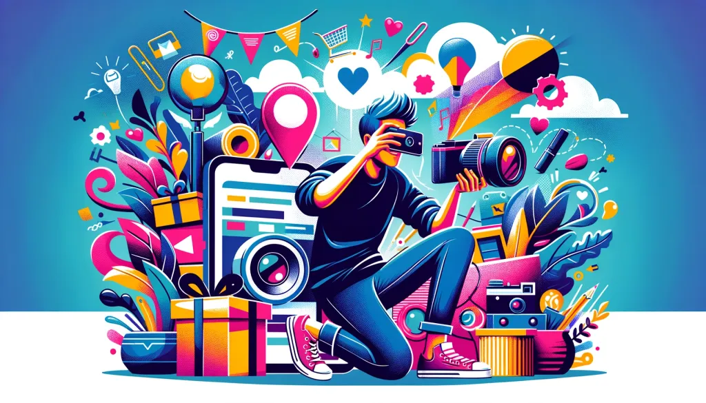Une illustration vibrante d'une personne capturant divers éléments colorés et symboliques tels que des notes de musique, des épingles de localisation, des cœurs et des cadeaux avec un appareil photo, représentant la nature diversifiée et dynamique du contenu généré par les utilisateurs en matière de SEO.