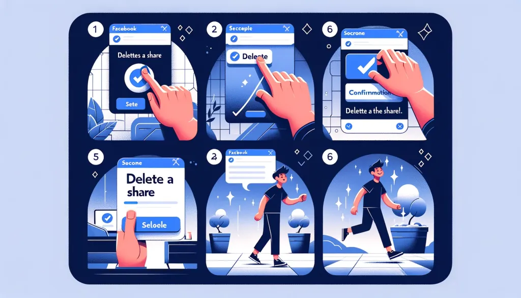 Une série d'images illustrant les étapes pour supprimer un partage sur Facebook, y compris la sélection du post, le choix de l'option de suppression et la confirmation.