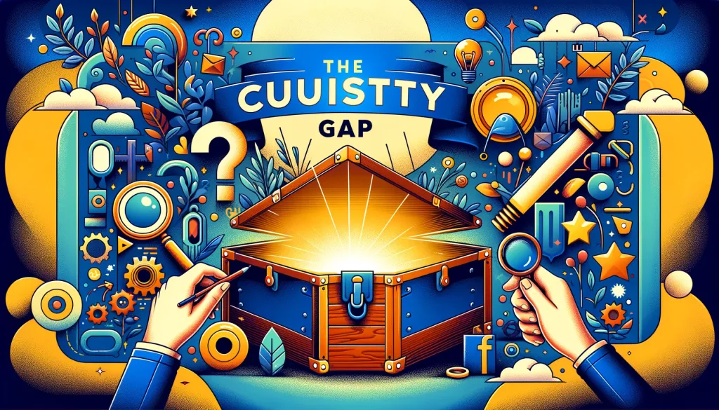 Une image illustrée montrant des mains tenant une loupe et un pinceau, explorant une scène vibrante et colorée avec divers éléments, dont des engrenages, des plantes, des étoiles et un coffre d'où émane une lumière radieuse. Le texte THE CURIOSITY GAP est affiché de manière prominente en haut. Elle représente les contenus partageable sur Facebook.