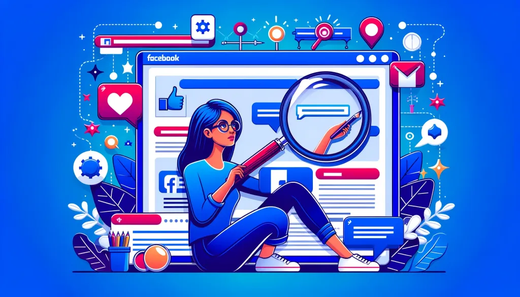 Une personne examine une page Facebook à l'aide d'une loupe, entourée de diverses icônes et éléments de médias sociaux.