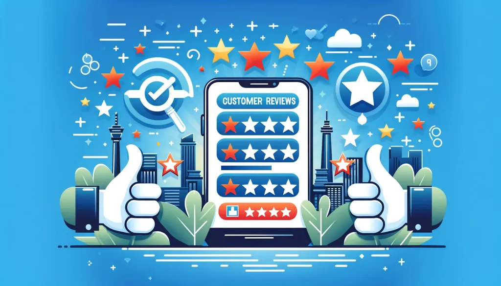 Une illustration montrant des avis de clients sur un smartphone, entourée d'étoiles, de mains levant le pouce et d'éléments de la ville en arrière-plan.