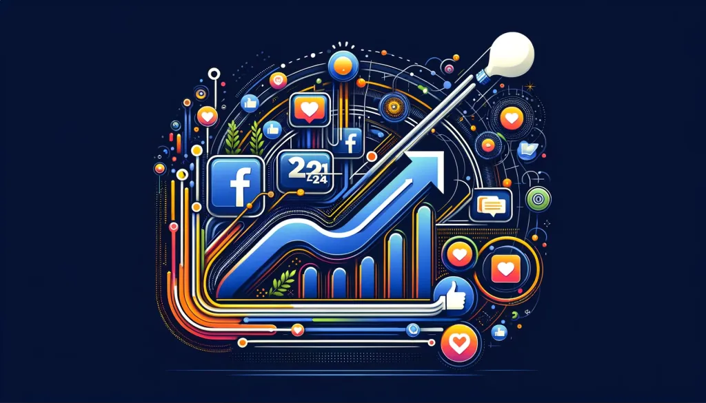 Une image illustrative montrant une progression des interactions sur Facebook, symbolisée par un graphique ascendant et divers icônes de médias sociaux.