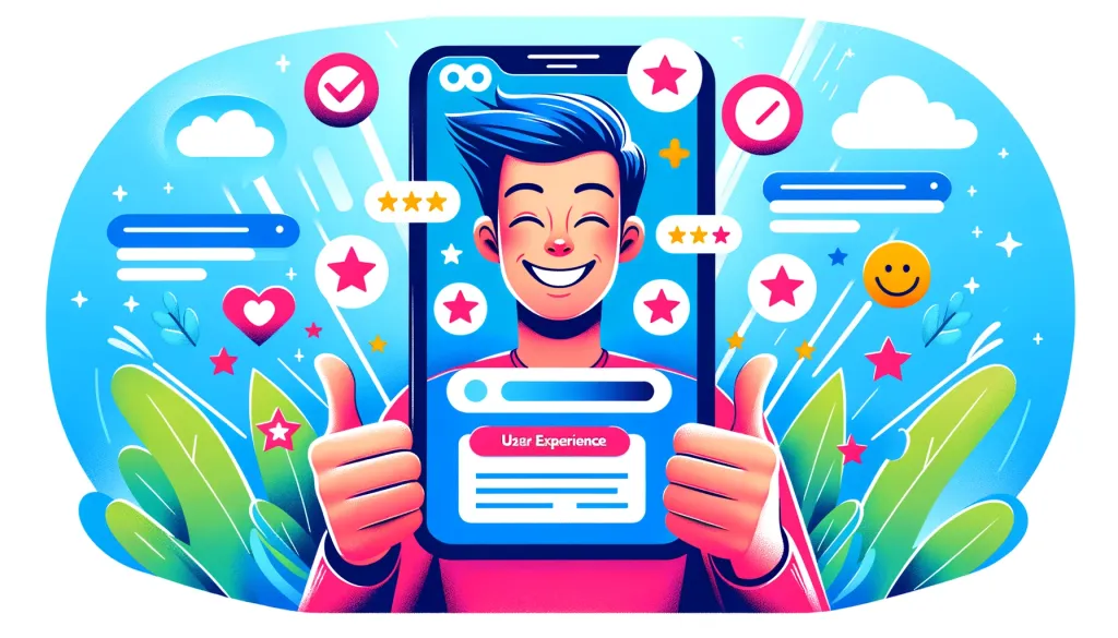 Une illustration vibrante mettant en scène une personne tenant un téléphone portable, avec l'écran affichant Expérience utilisateur; entourée d'icônes représentant des retours positifs et d'un arrière-plan animé, soulignant l'expérience utilisateur engageante d'un site internet pour mobile