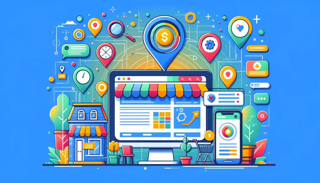 Une illustration colorée représentant un ordinateur et un smartphone affichant des graphiques SEO, entourés de points de localisation, d'icônes et d'une petite entreprise.