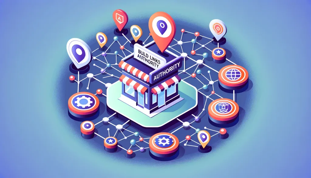 Une illustration représentant le SEO local avec un bâtiment central entouré de points de repère et d'icônes SEO sur un fond bleu.