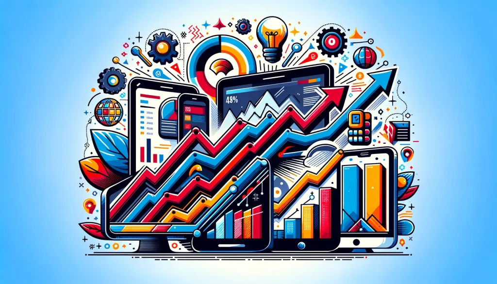 Une image dynamique et colorée montrant des appareils mobiles, tablettes et ordinateurs avec des graphiques de croissance, entourés d'icônes représentant divers éléments du développement du site.