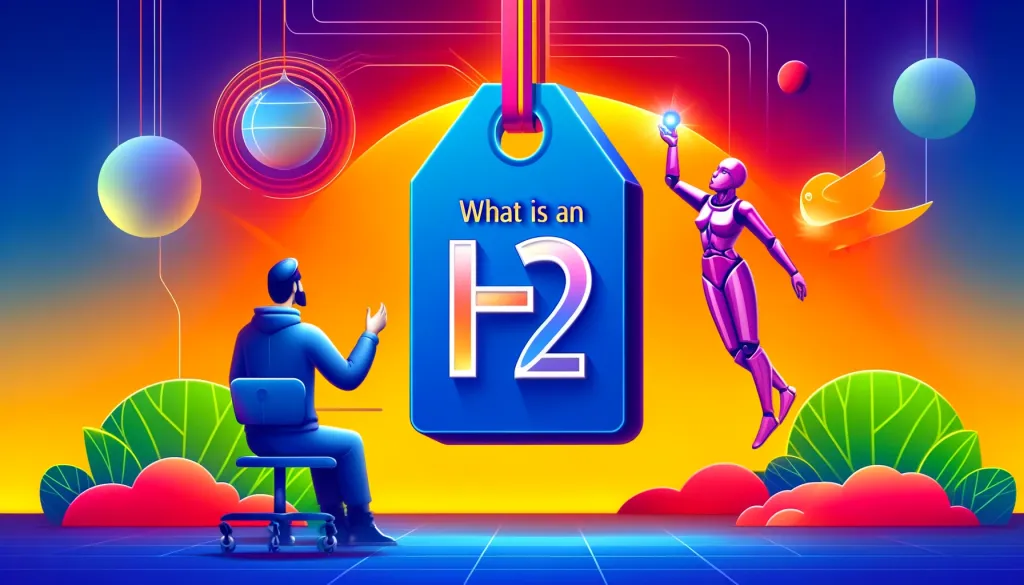 Illustration vectorielle futuriste affichant des personnages interagissant avec un titre dans un espace de travail numérique, vibrant de teintes bleues et oranges.