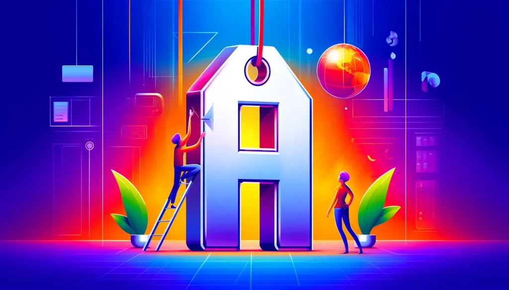 Illustration vectorielle d'un personnage en armure futuriste pointant vers une étiquette géante, avec un second personnage assis qui l'observe, dans un environnement numérique aux couleurs vives.