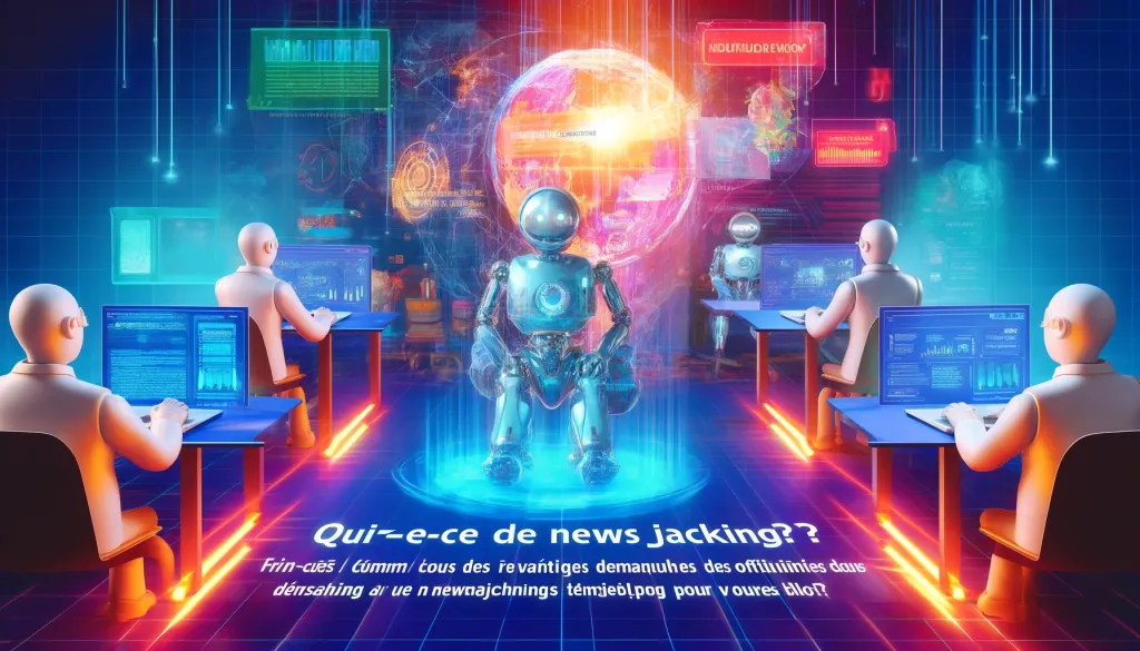 Robots analysant les dernières nouvelles du monde avec un rédacteur en arrière-plan.