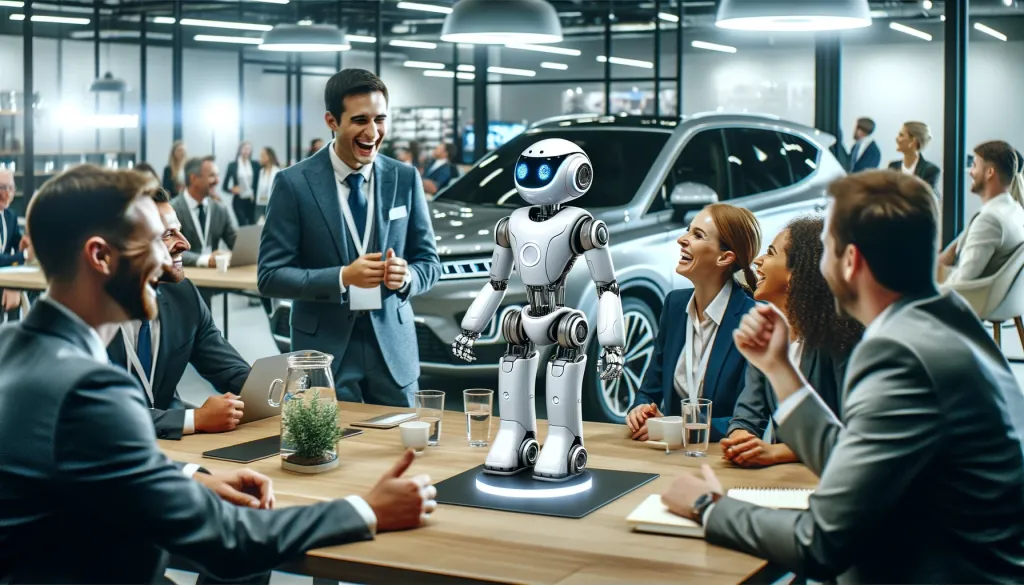 Un robot amical à une rencontre avec des personnes de la même industrie