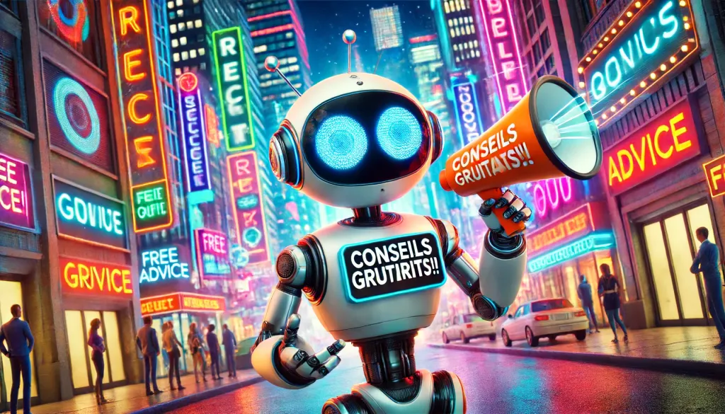 Robot amical avec de grands yeux criant CONSEILS GRATUITS avec un mégaphone dans une ville technologique vibrante