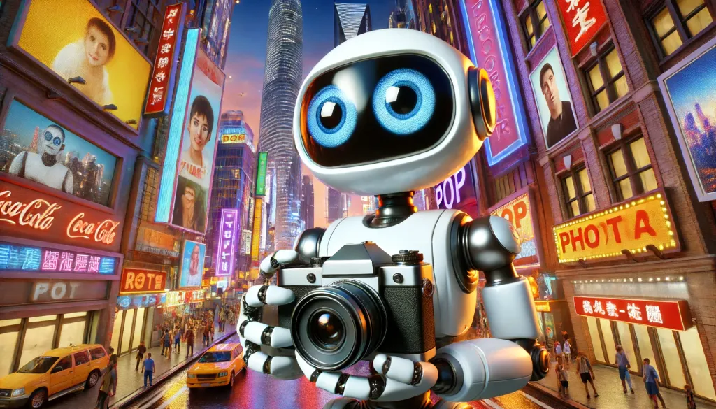 Robot photographe dans une ville technologique prenant des photos avec des panneaux néon et des lumières vibrantes