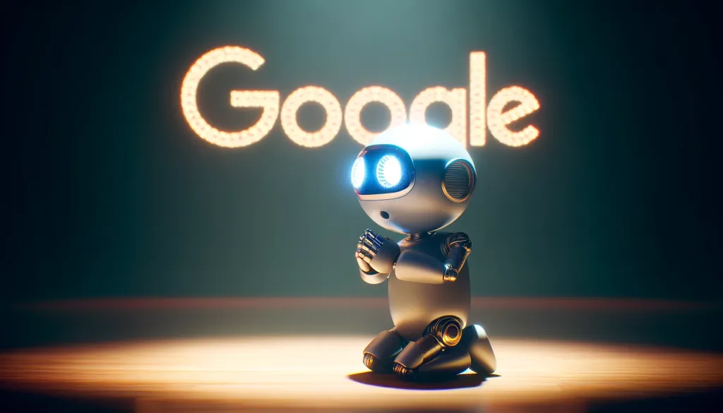 Robot à genoux en prière devant le logo Google symbolisant la quête de la position 0