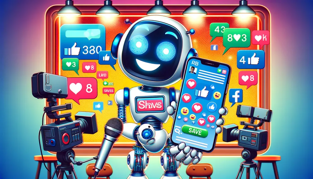 Un robot amical tenant un smartphone, affichant un écran rempli de likes, partages et sauvegardes, sur un plateau de télévision avec des caméras et un microphone.