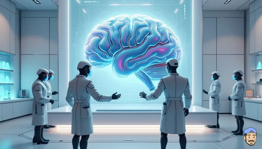 Des scientifiques analysent un hologramme représentant un cerveau humain pour illustrer comment utiliser IA dans la recherche et l'innovation