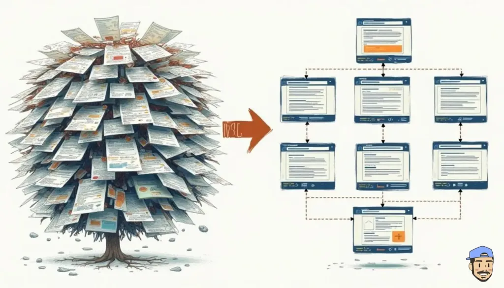 Comparaison avant/après de la structure d'un site affecté par la cannibalisation SEO
