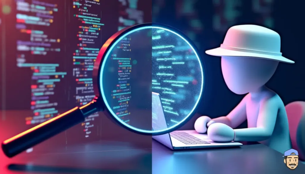 Illustration du white hat SEO : loupe examinant du code et personne travaillant sur un ordinateur