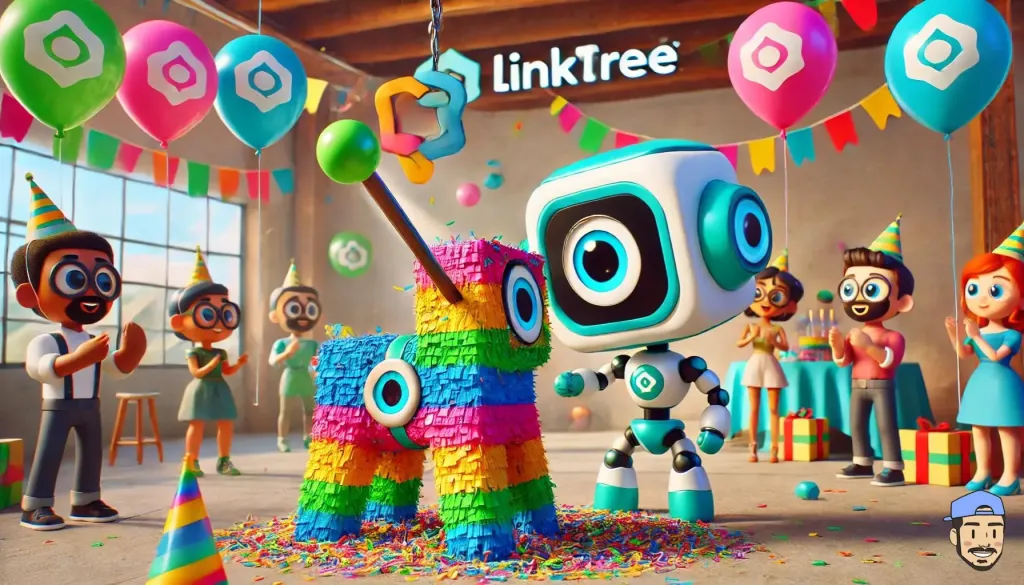 Robot futuriste utilisant Linktree pour améliorer le SEO sur un écran holographique