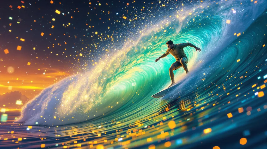 Personnage surfant sur une vague de données lumineuses, représentant l'agilité face à la volatilité Google SEO