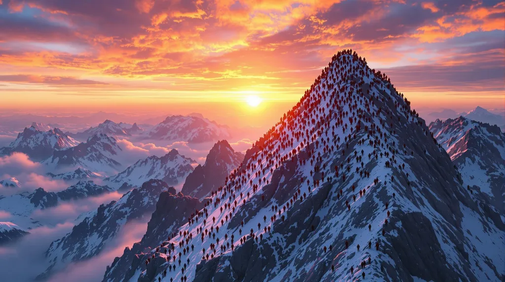 Montagne surpeuplée de grimpeurs symbolisant la concurrence SEO
