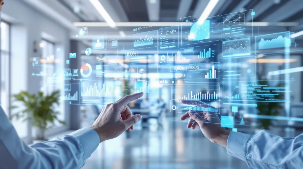 Espace de travail futuriste avec analyse de données SEO longue traine