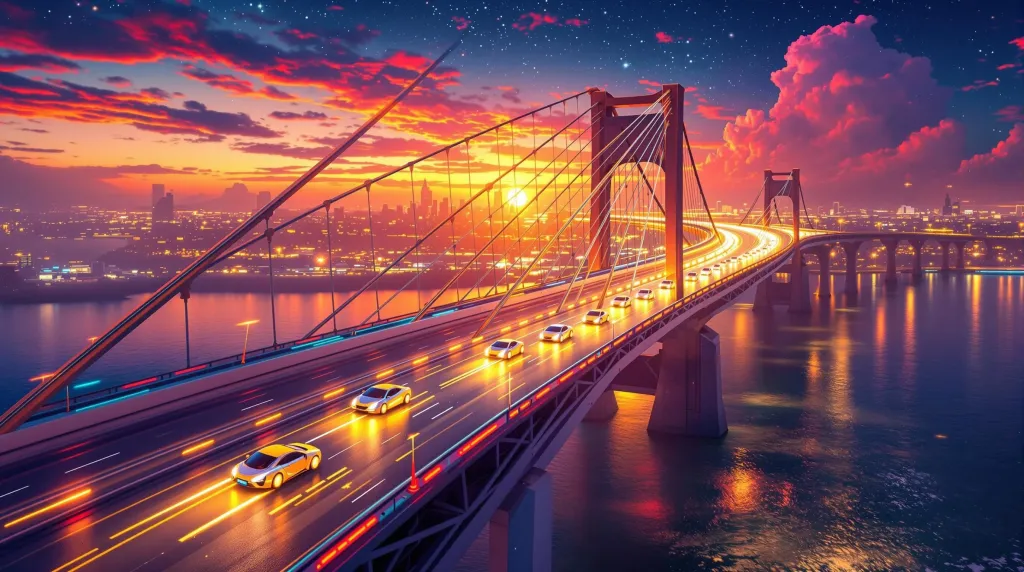 Pont futuriste illustrant les changements de trafic SEO, impactés par la volatilité Google SEO