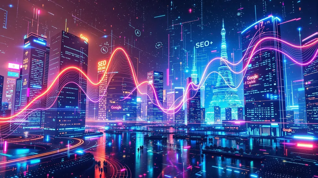 Vue urbaine numérique avec des graphiques SEO en fluctuation constante, symbolisant la volatilité Google SEO