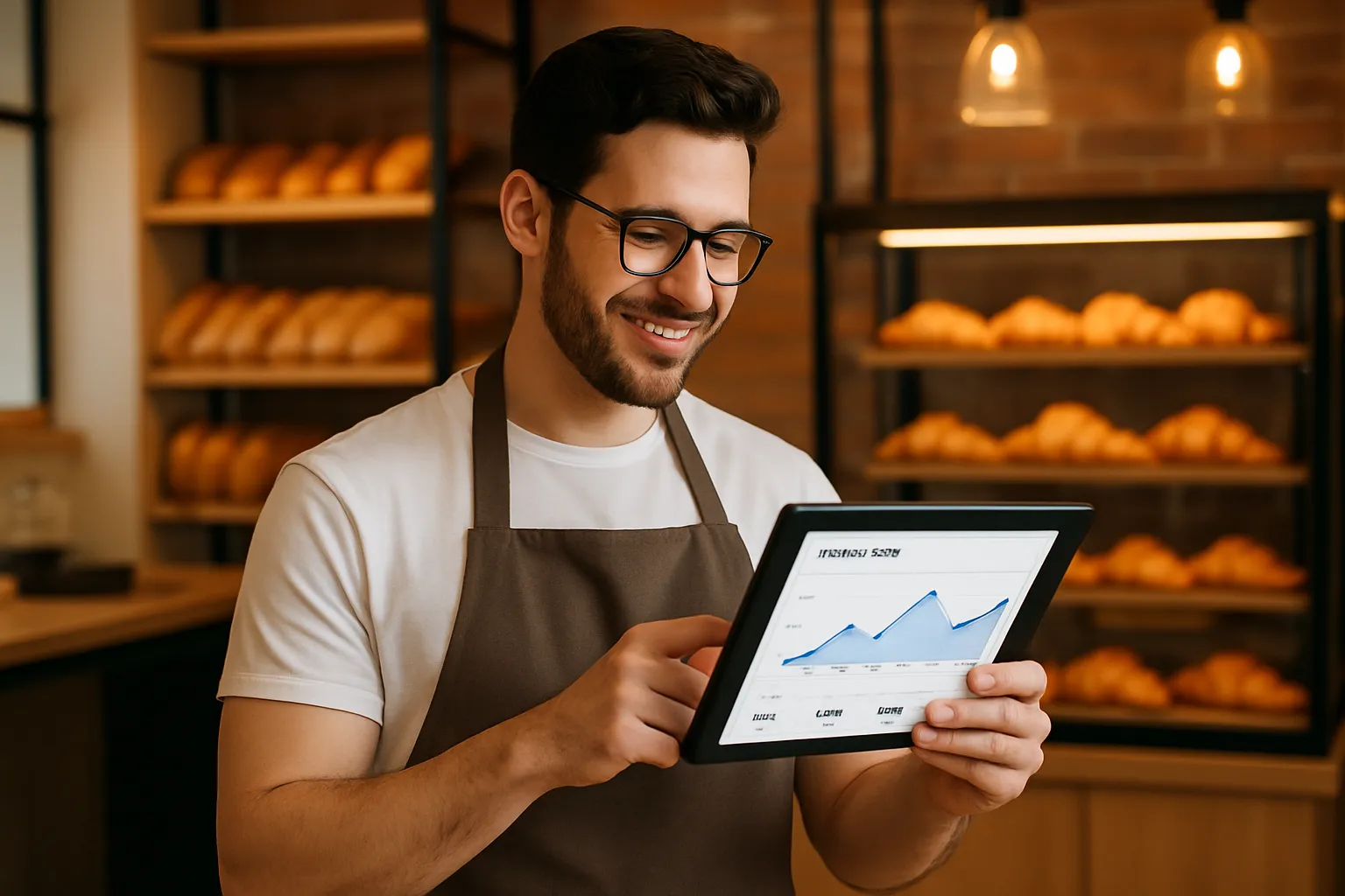 Cas d'usage KNIME - Boulangerie PME Boulanger entrepreneur utilisant une tablette pour analyser ses données de vente grâce à un workflow KNIME automatisé, illustrant un cas d'usage concret en PME