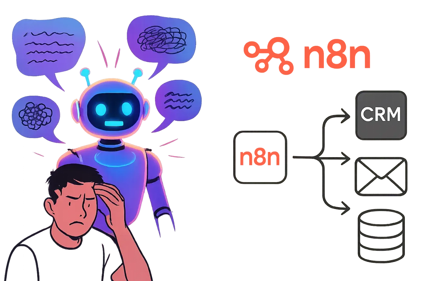 Comparaison entre un chatbot IA complexe et frustrant et un n8n chatbot simple et efficace