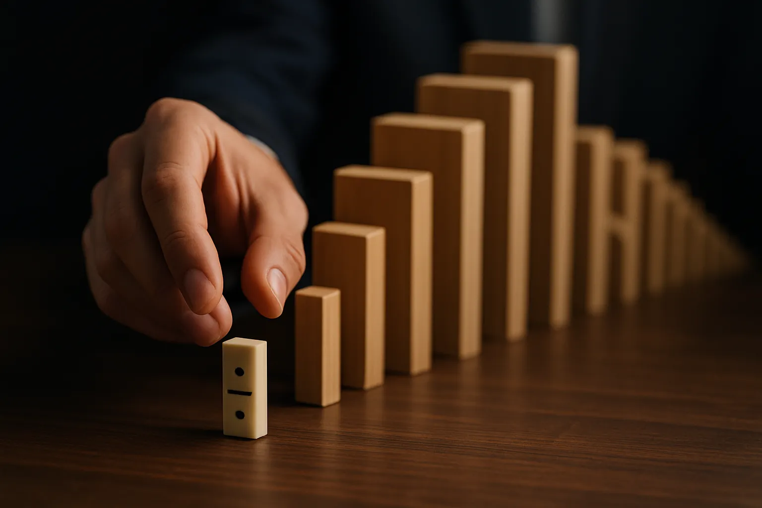 Métaphore du premier pas pour se lancer dans un n8n workflow, représenté par un domino qui tombe en cascade, symbolisant l'effet d'entraînement de l'automatisation.
