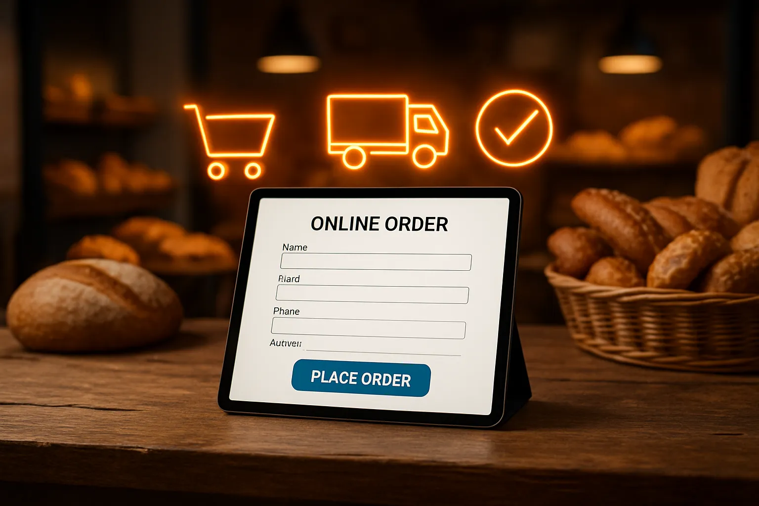 Impact du no-code sur une PME: tablette affichant une application de gestion des commandes dans une boulangerie, symbolisant l'amélioration de l'efficacité par l'optimisation des process.
