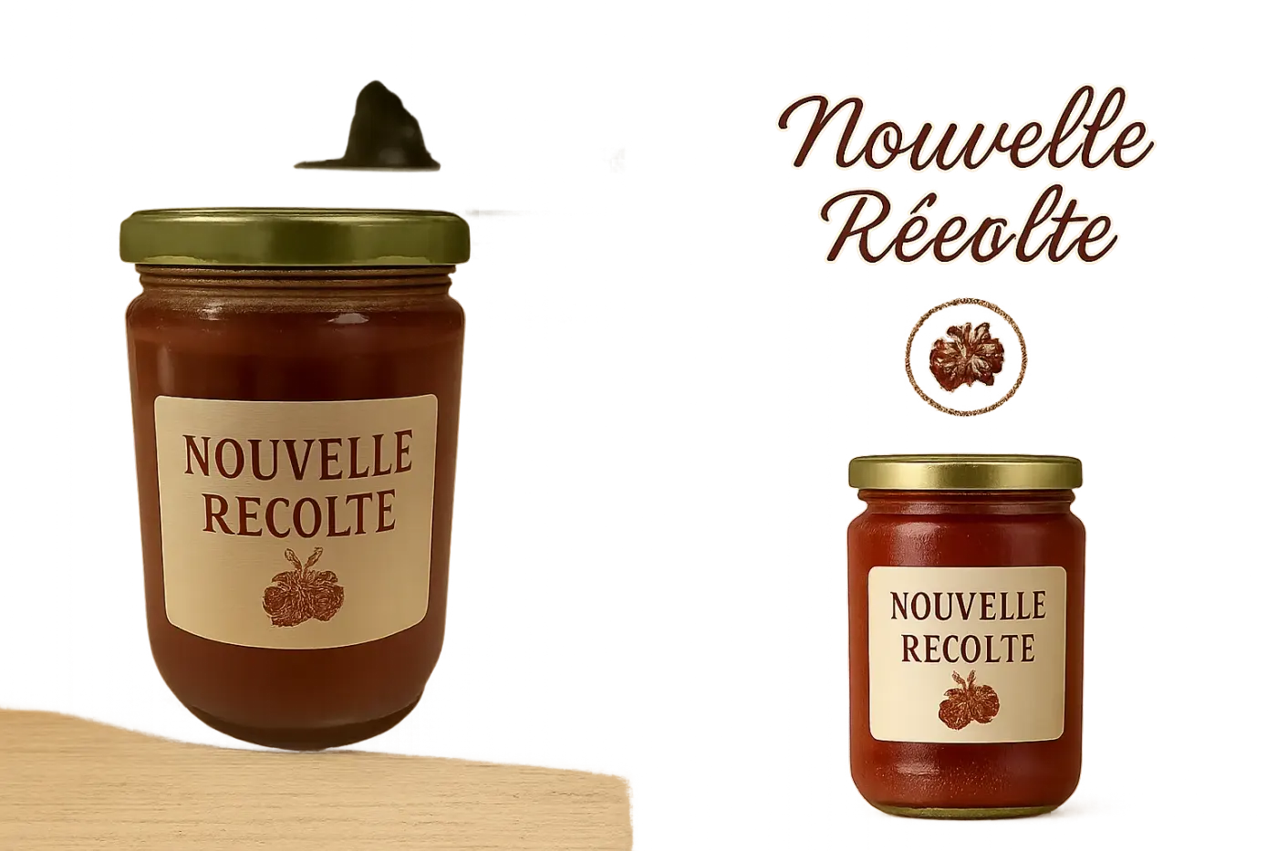 Photo avant/après d'un pot de confiture de fraises, transformée de photographie amateur (arrière-plan de cuisine) à un visuel professionnel (fond chaleureux, texte marketing, logo). Cette étude de cas illustre l'impact de Photopia pour les petites entreprises en seulement 15 minutes.
