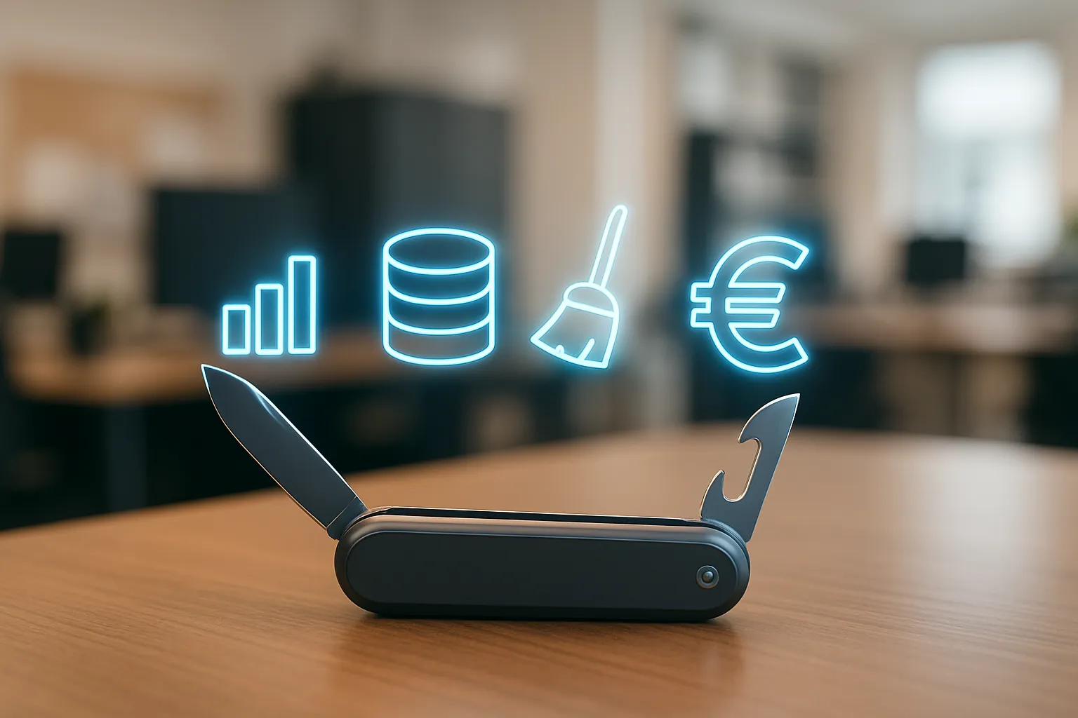 KNIME - Le couteau suisse des données PME Couteau suisse digital représentant les multiples fonctionnalités de KNIME pour PME : analyse de données, reporting automatisé et calcul du ROI