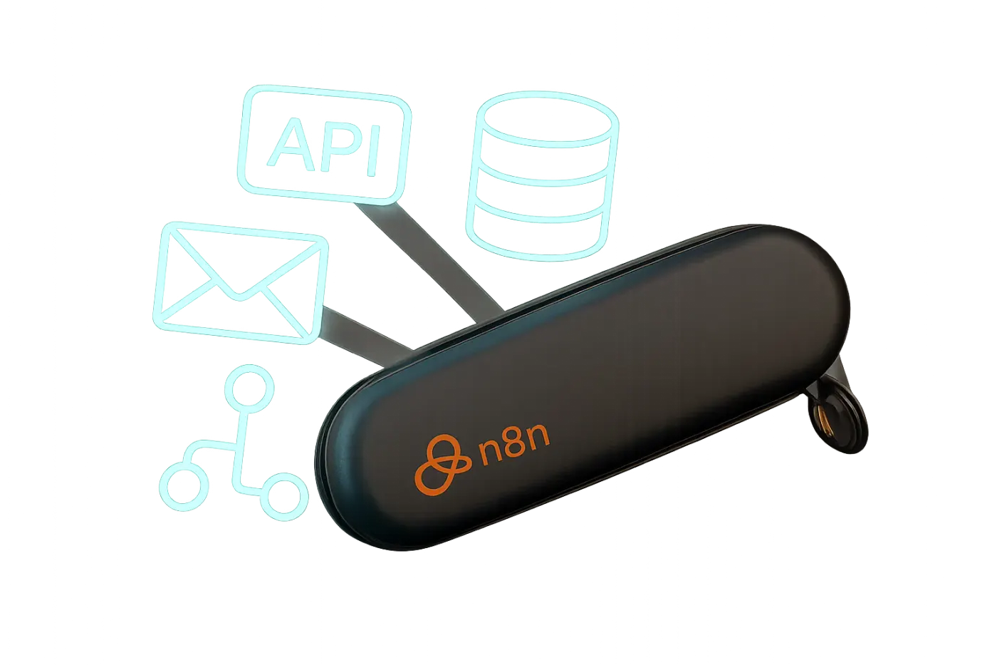 N8n flexibilité PME automatisation N8N est représenté comme un couteau suisse digital, symbolisant sa flexibilité et sa puissance pour les PME.