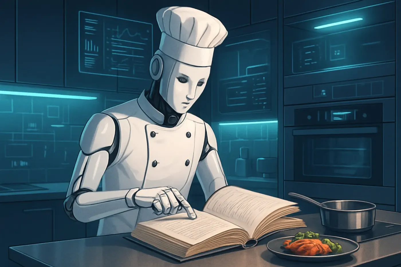 Métaphore : un chef cuisinier IA avec un livre de recettes d'entreprise, illustrant le RAG workflow qui permet à l'IA d'utiliser vos données spécifiques pour générer des réponses pertinentes.