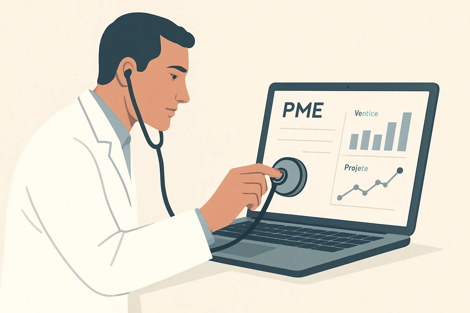 L'audit IA représenté par un diagnostic médical précis sur la santé d'une PME avant de prescrire une solution