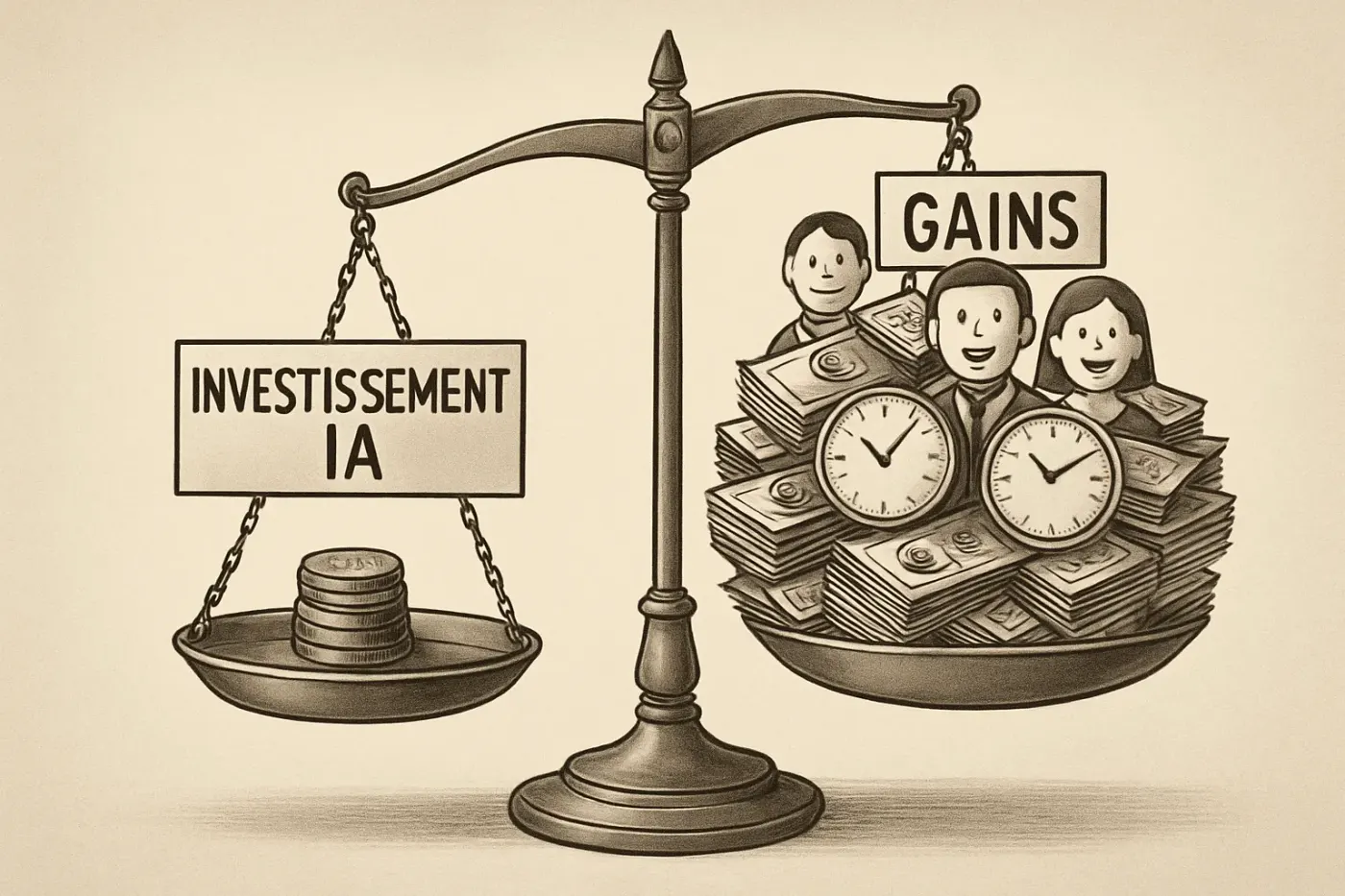 Une balance montrant que les gains obtenus grâce à l'IA dans une PME pèsent bien plus lourd que l'investissement initial.