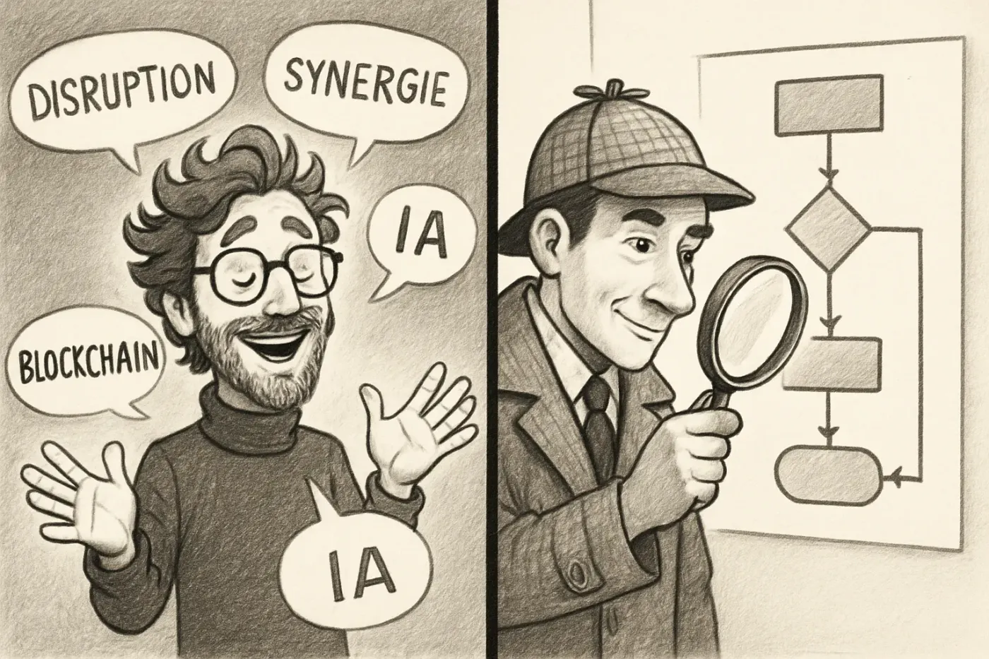 Comparaison entre un faux prophète de l'IA et un vrai consultant IA qui analyse les faits
